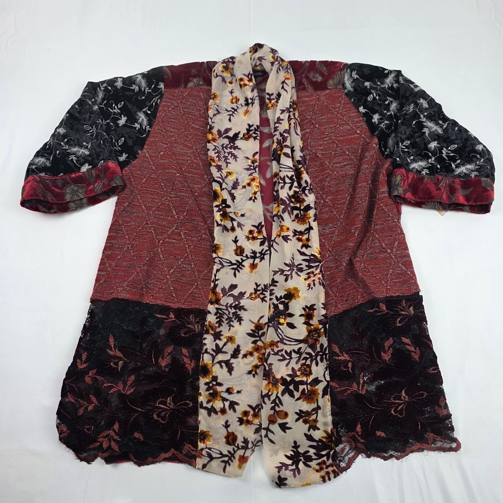 John Mark Kimono Jacket Womens Small Multicolor Velvet Floral Boho Lace Tie